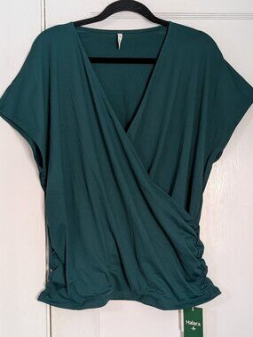 NWT Halara V Neck Emerald Green Cap Sleeve Crossover Ruched Blouse Women's XL